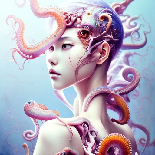  Asian woman, leaning pose, octopus, full body, pink short hair, latex suit, style <Yoji Shinkawa>, Bones, watercolor illustration by <agnes cecile> squid, intricate detail , portrait, high lighting, Gradient background,