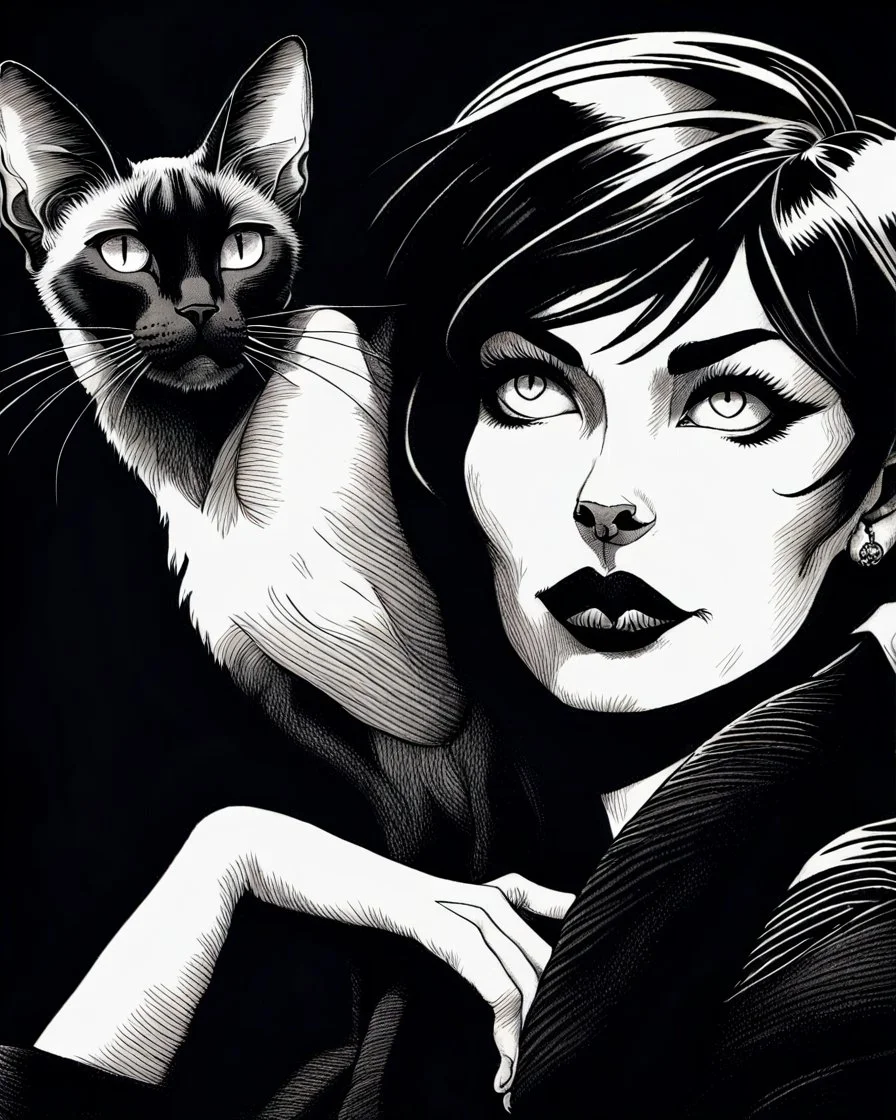 PROMPT: Monochrome ink illustration of a mature woman with long silver hair, eyes gazing upward, lips parted in thought, a Oriental shorthair Siamese cat draped on shoulder, staring sideways with sly expression. Deep shadows emphasize contours and texture. Bold hand-drawn lines, scratched ink details, black background creates isolation. Gothic comic aesthetic, vintage pulp tone, emotional stillness, surreal tension, expressive portrait in graphic noir style