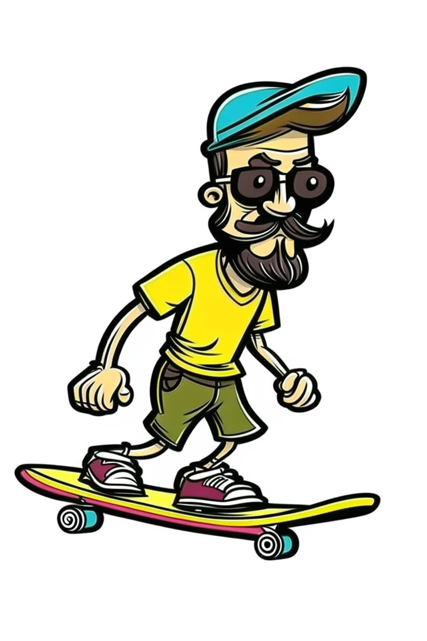 A cartoon with a handlebar mustache and a skateboard tucked under its fin. Style: Retro Comic Book, Mood: Playful and Energetic, Lighting: Flat, bold colors, T-shirt design graphic, vector, contour, white background.