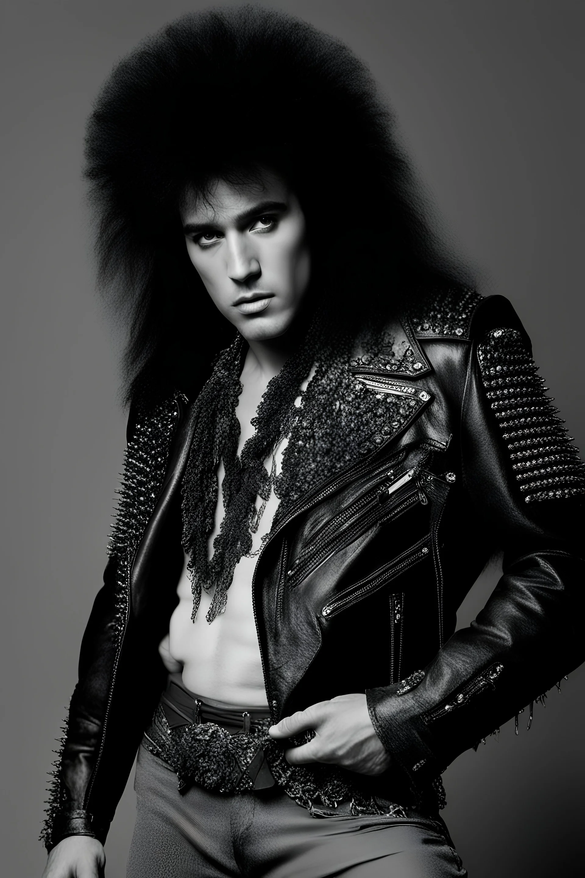 What Elvis Presley would look like if he were in a 1980s, big hair, glam rock band with long, teased up, spikey black hair,