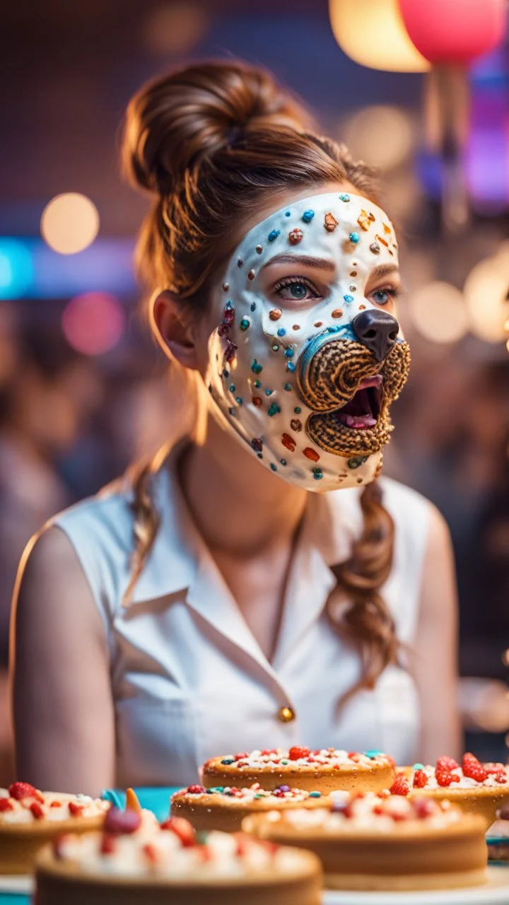 portrait of cute woman muzzled like a dog, baker of the highest advanced art cake sculpture during a casino game show, bokeh like f/0.8, tilt-shift lens 8k, high detail, smooth render, down-light, unreal engine, prize winning