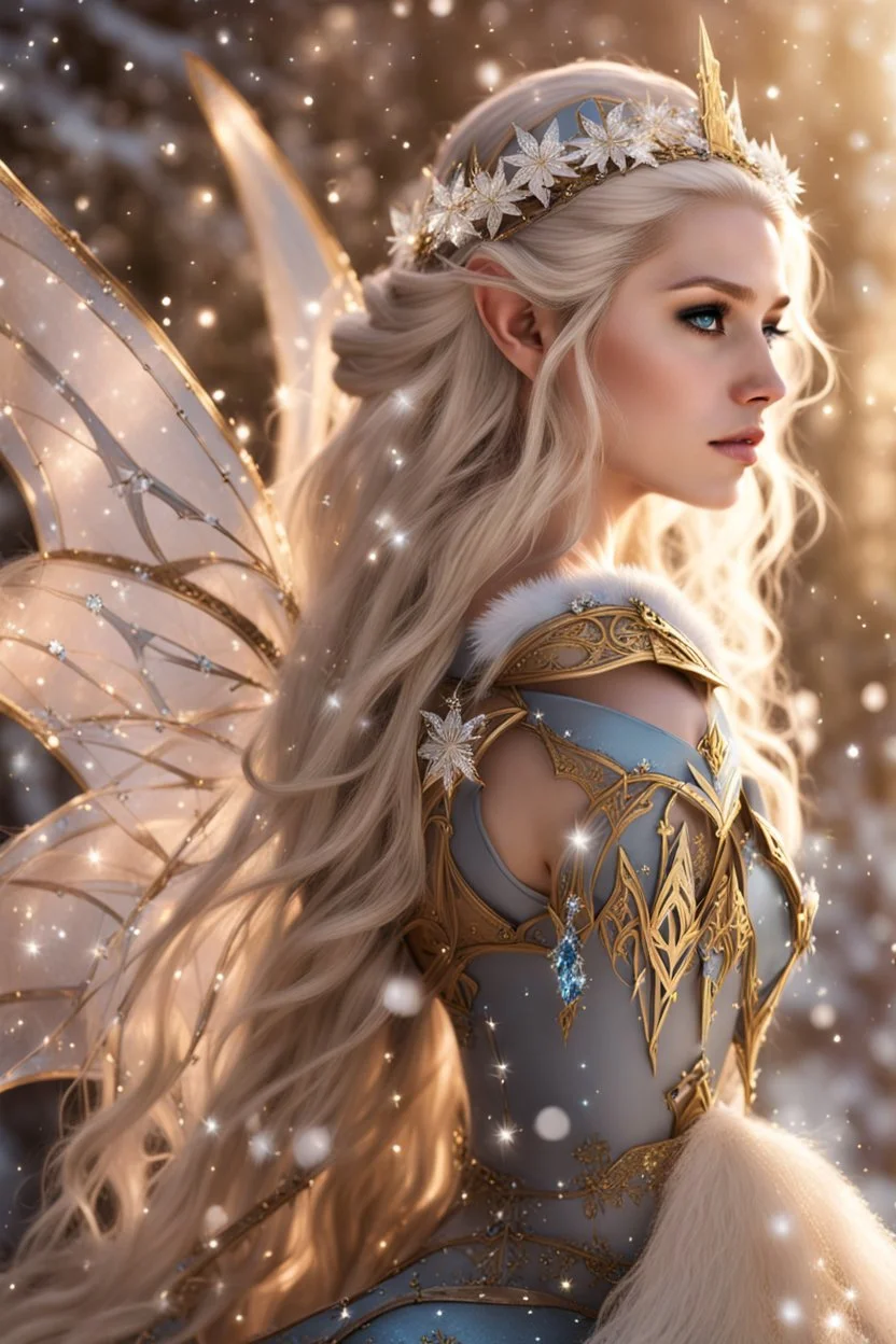 Elven princess,elven crown,long white blonde golden hair,rapunzel hair,ice flowers,beautiful,light blue,dark blue,golden armor,sparkle,glitter,ice flowers,snow,elven ears,dark fairy princess