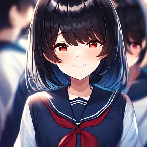 Clear focus,High resolution, black short fluffy hair, long fluffy bangs, and red eyes, Depressed girl, wearing a sailor uniform, Smug smile, half closed eyes, smile, Extreme close up,