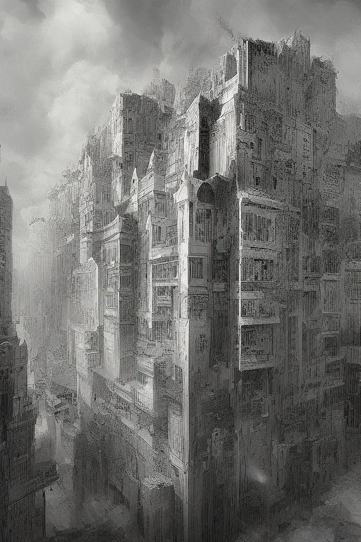 surrealis monochrome A fragmented, surreal sculpture liquid dark color of photorealistic image 3d,psychedelic art glossy emerging from devilish a crumbling building. The evoking a haunting expression. set against a backdrop of stormy, cloud s. bauhaus art The overall tone is dark and moody, suggesting themes of decay and transformation.