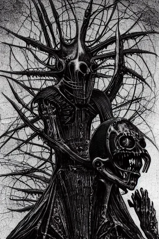 Old photo headless horseman by h r Giger, junji ito, dystopian surrealism, dark horror fantasy, hdr, artstation intricate details, demonic, dark art, dark noir, neoclassical gothic horror