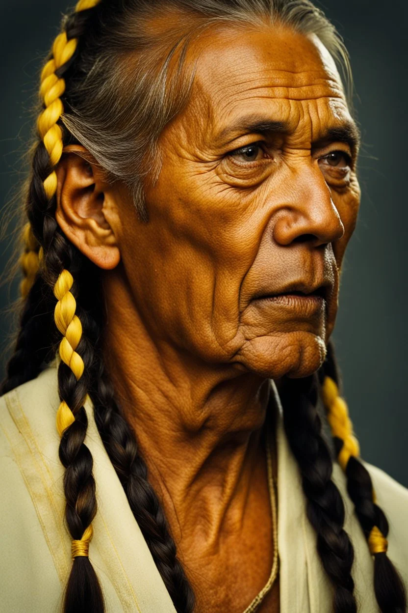 portrait of a 60 year old man, His hair was long, and yellow like the sun. Two braids hung down neatly in front of his ears. His face was rugged, and he carried a scar.