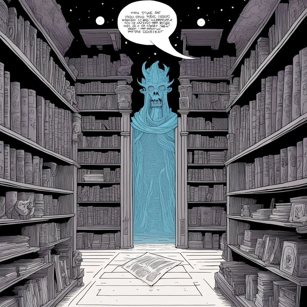 in a library [mexican comics Head Lopper style by Andrew MacLean] this ancient library and laboratory of an invisible wizard, shelves are ancient totems with sacred carvings. Surrounded by spiritual energy, the place calls upon the power of the magic to protect the spell caster.