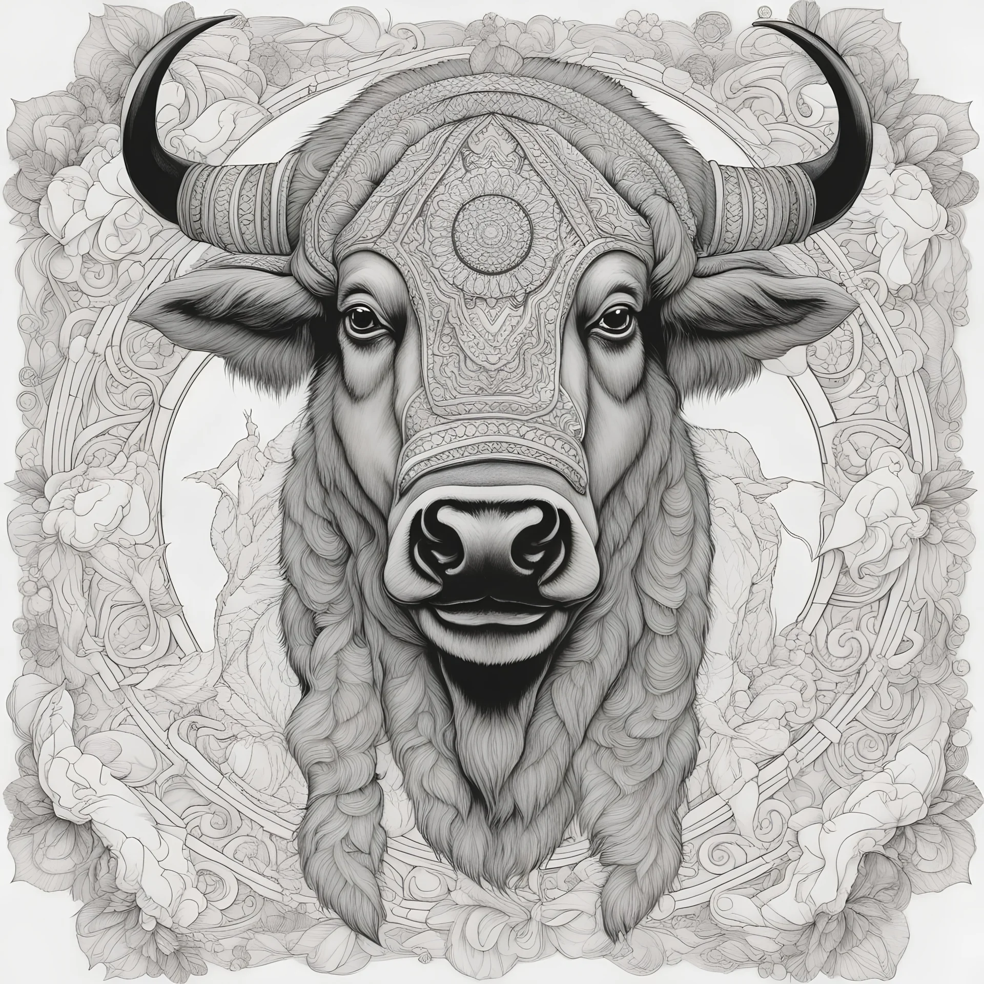 outline art, coloring pages, white Background, Black line, sketch style, only use outline, mandala stile, clean line art, white background, no shadow and clear and well, mandala MALE BISON,