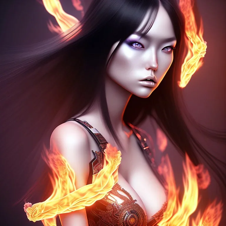 hitomi tanaka long black hair xtreme detailed, 4k, intricate, smoke effects, fire effects, energy effects