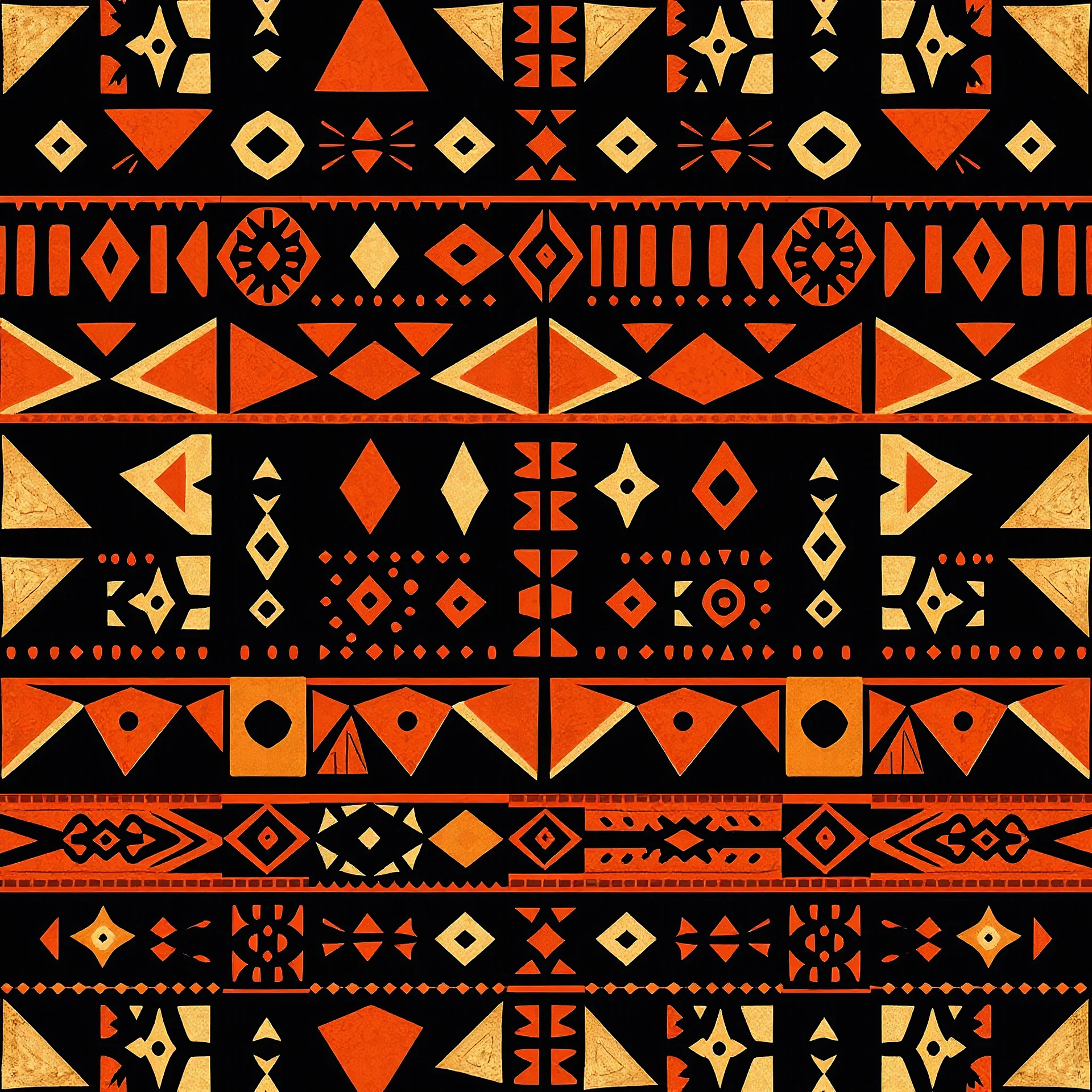 Here’s the prompt to create this design on large-format decoupage paper: "Create a large-format decoupage paper design featuring a bold, tribal-inspired pattern in warm terracotta on a deep black background. The pattern should include a variety of geometric and abstract shapes such as triangles, spirals, diamonds, dots, and lines arranged in a grid-like structure. Each section should have unique shapes and linework, giving the design a hand-drawn, artisan feel. The contrast between the terracot