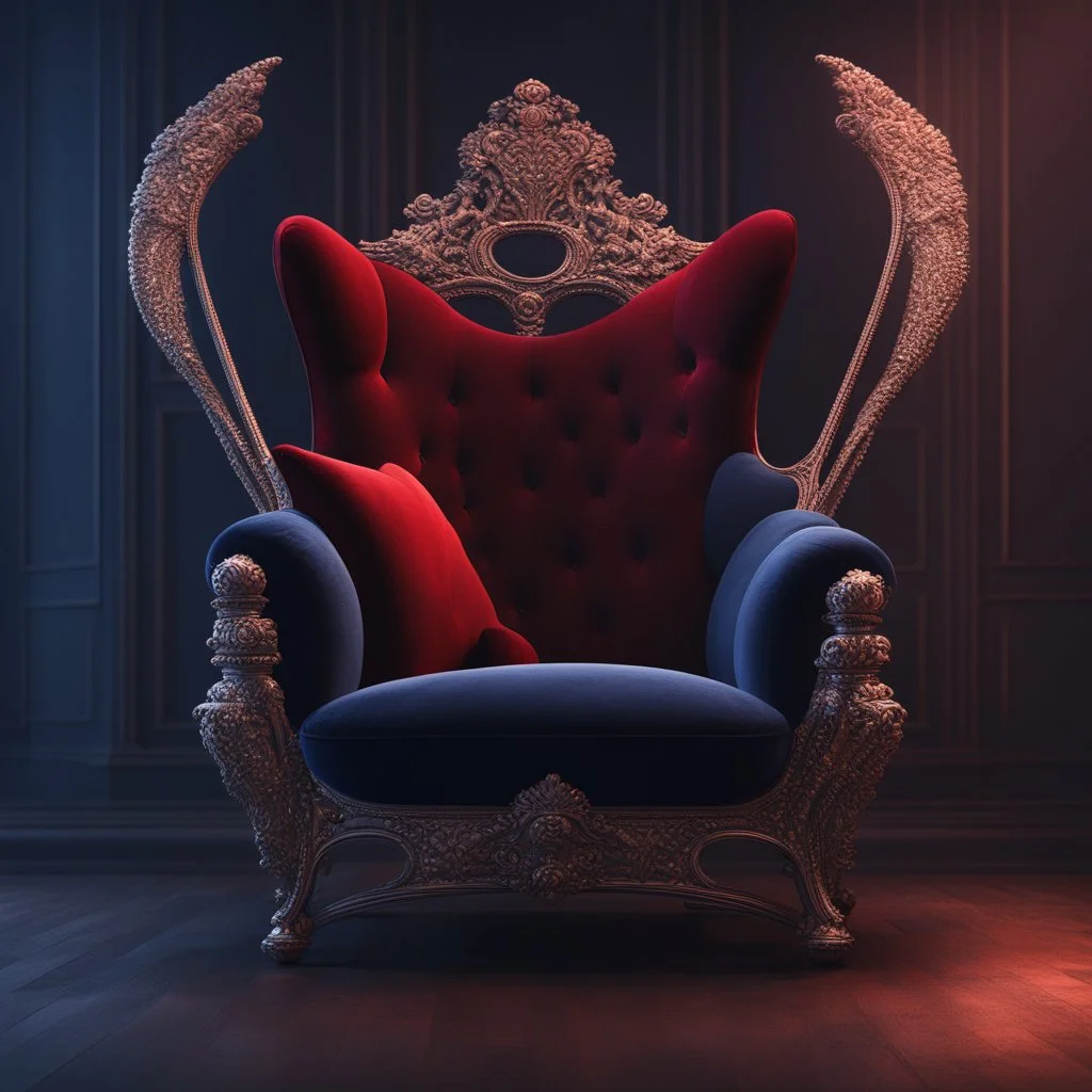 A freestanding wing chair in midnight blue velvet with a red round cushion. Illustrative art, art interpretation, concept art, cgsociety contest winner, seasonal art, seasonal art HD, 4k, 8k, intricate, detailed, intricately detailed, luminous, translucent fantasy crystal, holographic data, soft body, shadow play, light, fog, atmospheric, cinematic, light film, hyper-detailed, hyper-realistic, masterpiece, atmospheric, high resolution, 8k, HDR, 500px, mysterious and artistic digital art, phototi