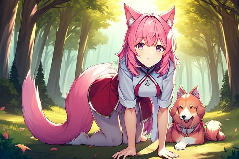 Forest, girl, pink hair, dog tail, sit on all fours