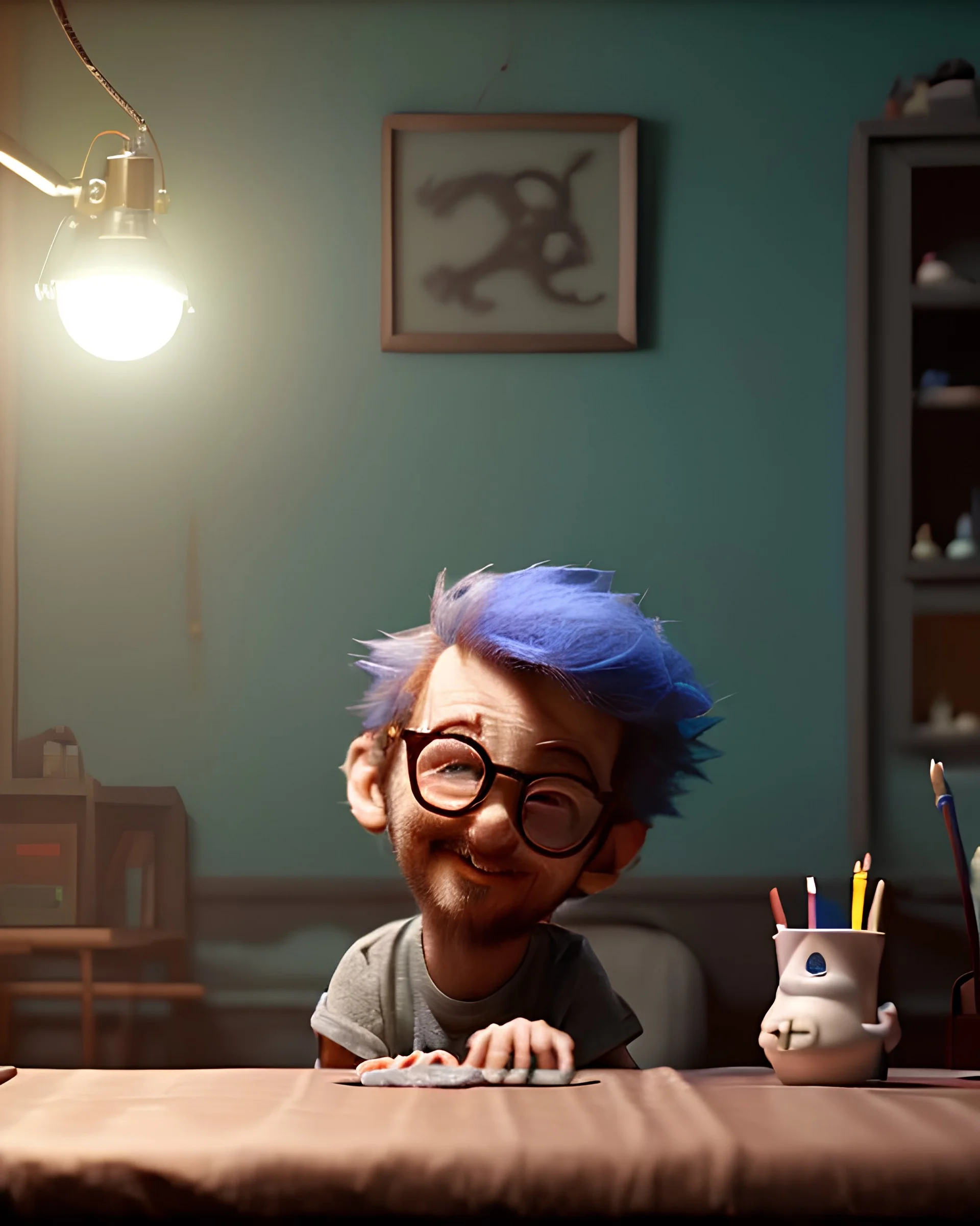 Boy room scene with color hair monster, Steven Spielberg style, realistic photo, sweet, concept art, smooth, unreal engine 5, god lights, ray tracing, RTX, lumen lighting, ultra detail, volumetric lighting, 3d.