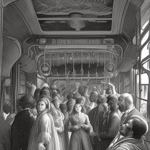 people riding a bus, Gustave Doré black and white illustration, detailed a