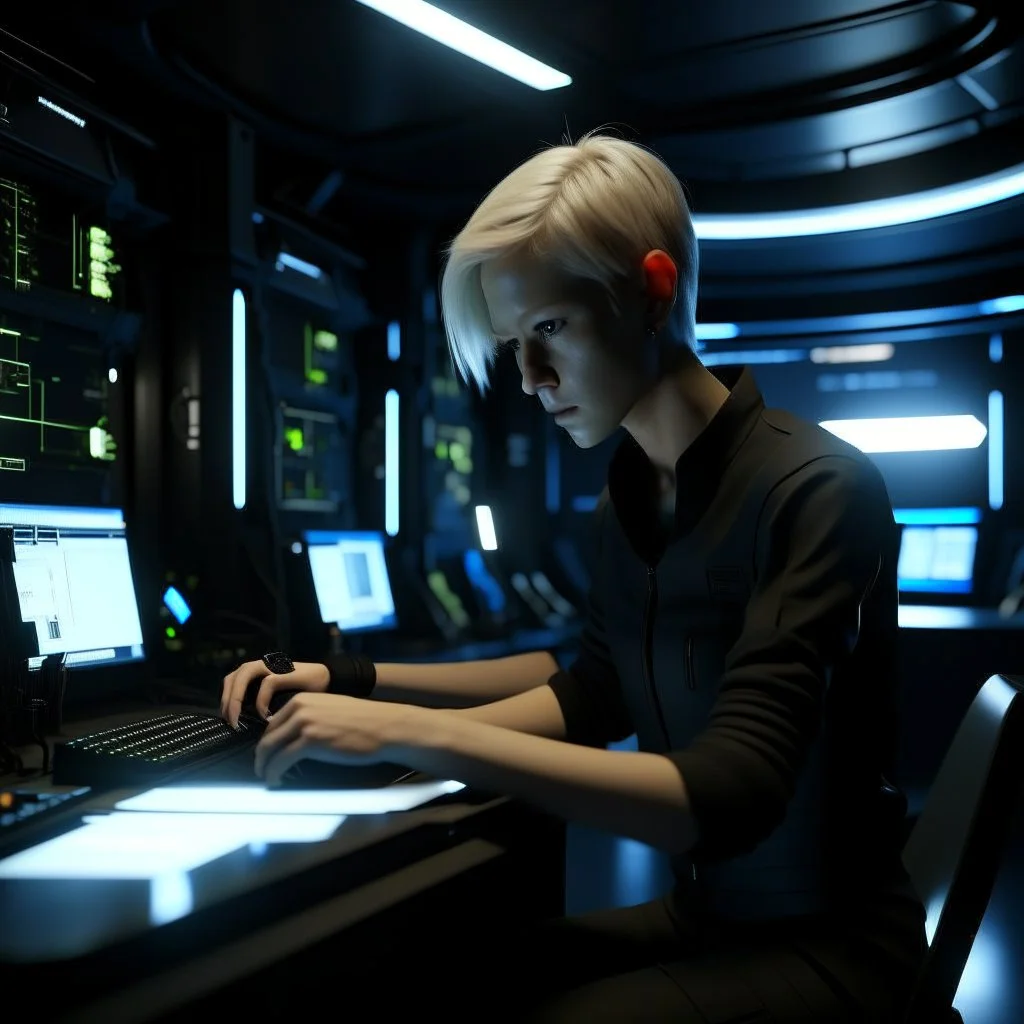 A corporate scientist with short blonde hair working with a dark substance in a spaceship lab realistic grimdark