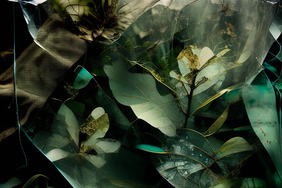 lifechanging, veil, flowers, blur 5%, double exposure, merged layers, in the first part (near to us) of the picture you can see a plain sandblown smoked glass, engraved with a folk art pattern, the glass is cracked in several places, in some places the glass is broken, crumpled burlap, through it you can see a tropical rainforest with a waterfall, mist, tooth, sunrise