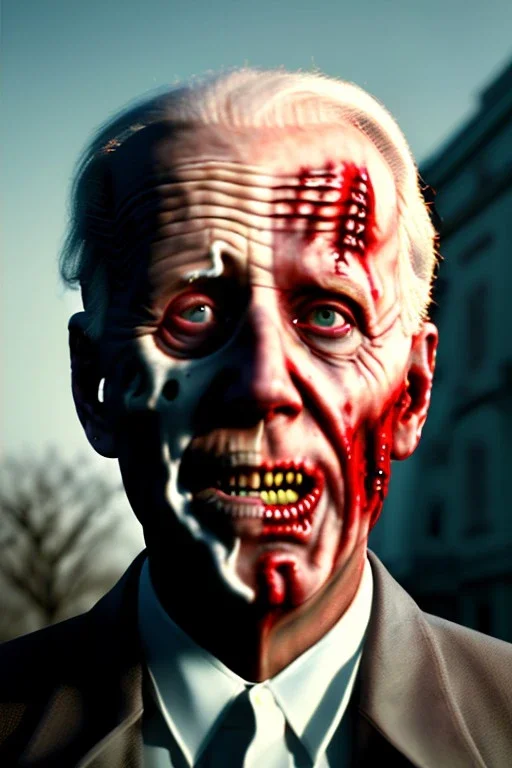 Ultra realistic image, joe biden zombie, zombie performance, blood, torn arm, night, walking twisted, waist up view, walking dead style, dark ambient, highly detailed, White House background, concept art, unreal engine 5, god rays, ray tracing, RTX, lumen lighting, ultra detail, volumetric lighting, 3d, finely drawn, high definition, high resolution.