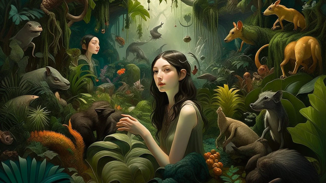 A dark-haired woman with pale skin and a pensive expression surrounded by fantastical creatures and plants in a lush, surreal environment