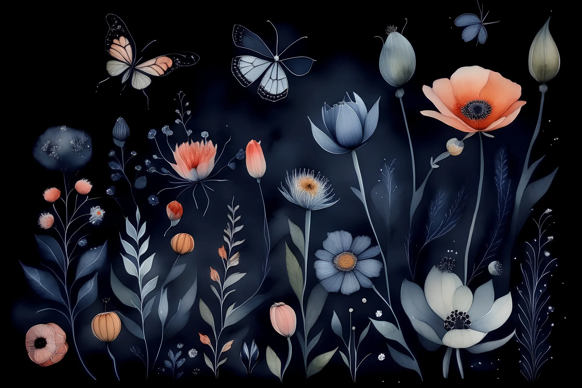 Watercolour of flowers, butterflies and ladybugs on a dark background, pastel colours, soft colours, minimalist, realistic perspective