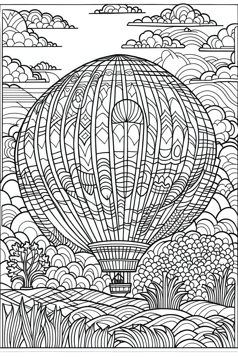 A colorful hot air balloon festival.coloring book page, simple and clean line art, adult drawing book, black and white, crisp black lines, no shades, sharp lines, coloring book for adults, cartoon style, landscape