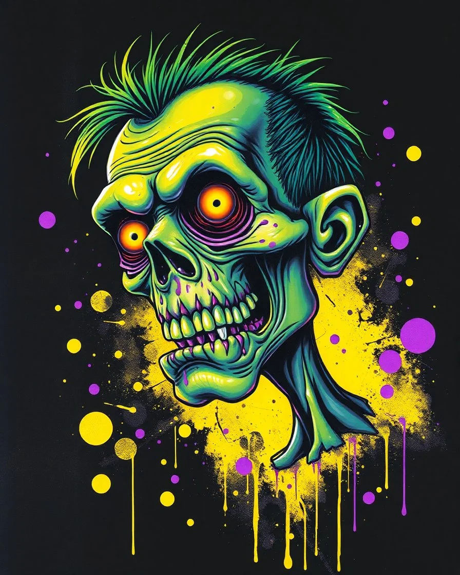 Airbrushed caricature of a horrific zombie, neon green and yellow with purple paint splatters on black background