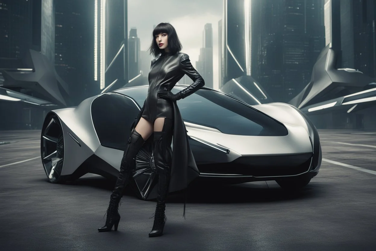 A Full-Length Pale Dark-Haired Woman With A Straight Bob Hairstyle With A Fringe, In A Futuristic Leather Outfit, And Gloves, Standing Next To A Futuristic Car, in a futuristic city