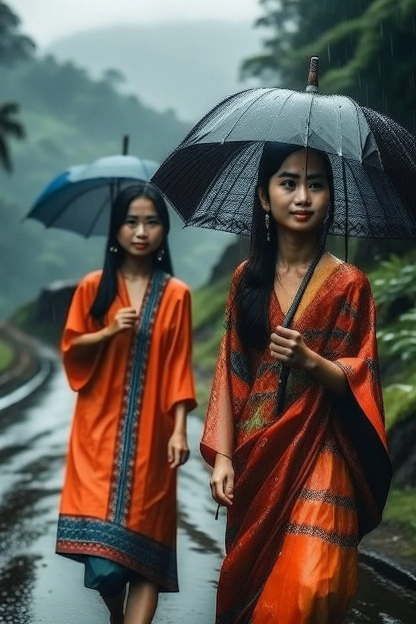 Gambar wanita Indonesia cantik sedang hujan dijalan pegunungan