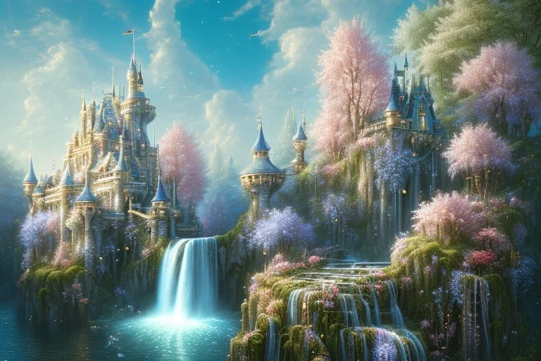 a fairy tale style, white gold castle，waterfall, flowering trees, full of details,real concept art, smooth, bright sunshine，soft light atmosphere, light effect，vaporwave colorful, artstation, concept art, smooth, extremely sharp detail, finely tuned detail, ultra high definition, 8 k, unreal engine 5, ultra sharp focus, illustration, magic ambient, asiatic