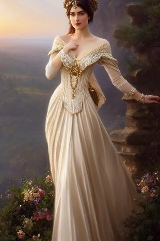 beautiful and gorgerous duchess with incredible jewellery in 19th century clothing by Greg Rutkowski and Artgerm and Emile Vernon and Vladimir Volegov, in a brown dress, mystical castle background, art illustration, natural beauty, muted colors, pastels, perfect fingers, higly detailed, expressive, high detail, symmetrical, digital painting, symmetrical eyes, dynamic lighting, artstation, cinematic lighting, intricate artwork, emitting diodes, smoke, artillery, sparks, racks, system unit, mother