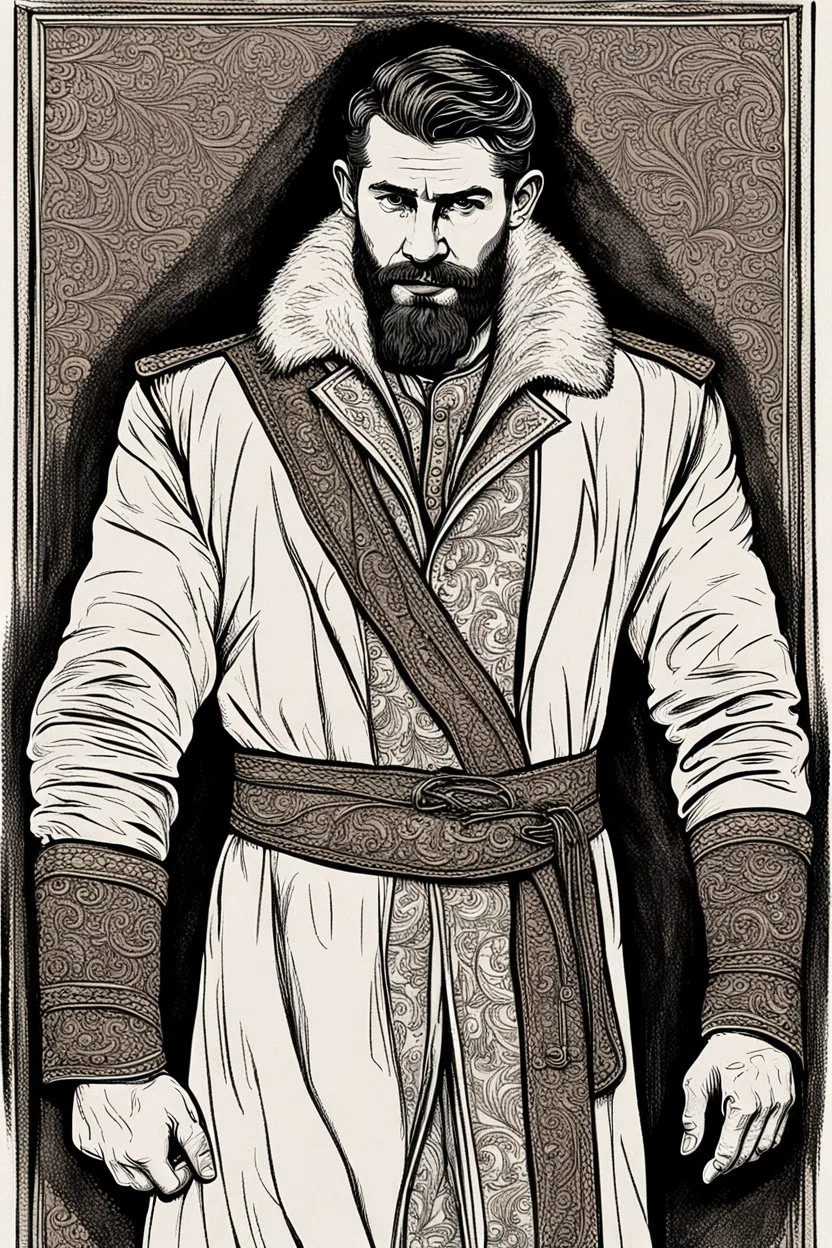 young man in mid 20's, medieval, fighter, russian, croocked nose, czar, rich, simple clothes, short messy hair, thick beard, oligarch, leather coat with fur, brocade clothes, pencil drawing, black or red hair, muscles, background frame