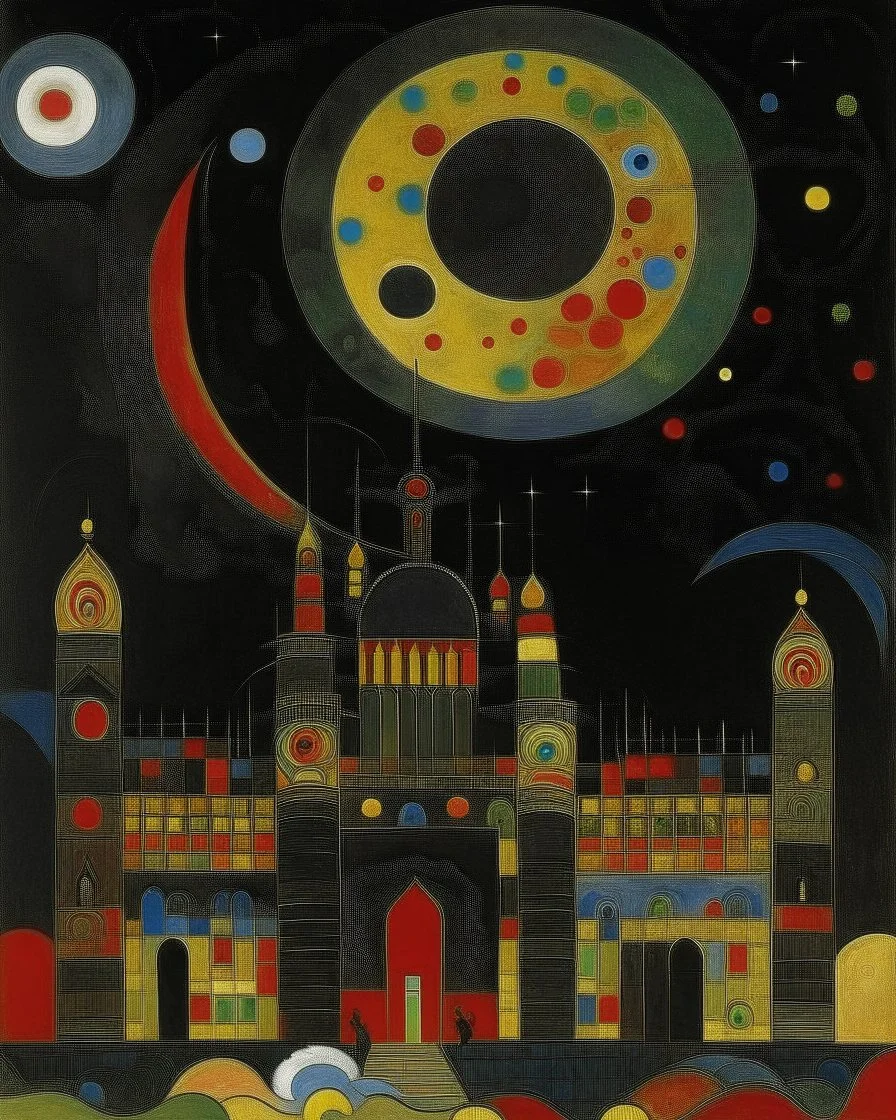 A black dark palace with a moon painted by Wassily Kandinsky