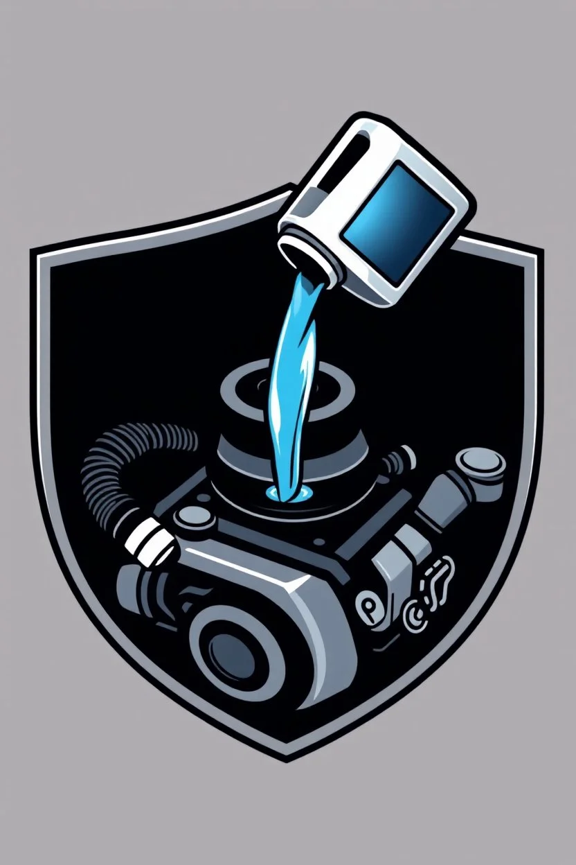 inside a shield shape, a car engine icon with a 1litre oil bottle above pouring oil into the engine, vector illustration