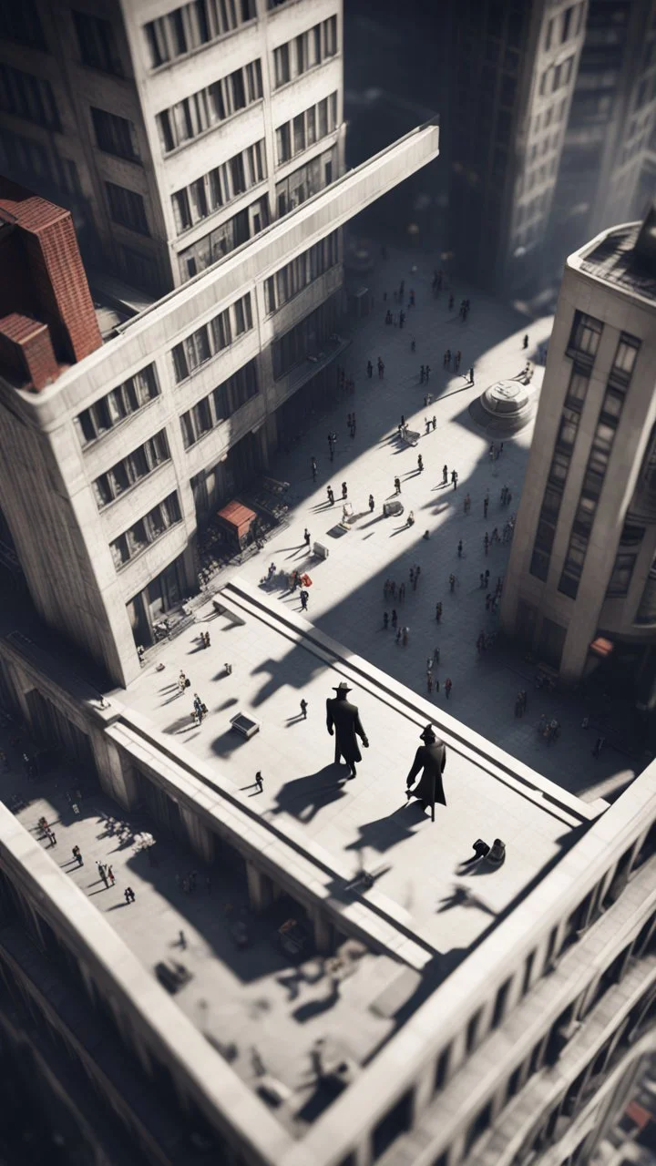 spy vs spy seen from above in tall building in the style of Fallout 4 and Escher, bokeh like f/0.8, tilt-shift lens 8k, high detail, smooth render, down-light, unreal engine, prize winning