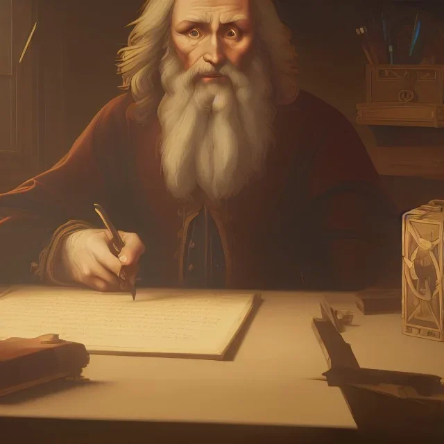 leonardo da vinci works in his study on a laptop at his desk. painting in photoshop. hyperdetailed, warm colors, movie poster, photoillustration, oil on canvas, lens flare