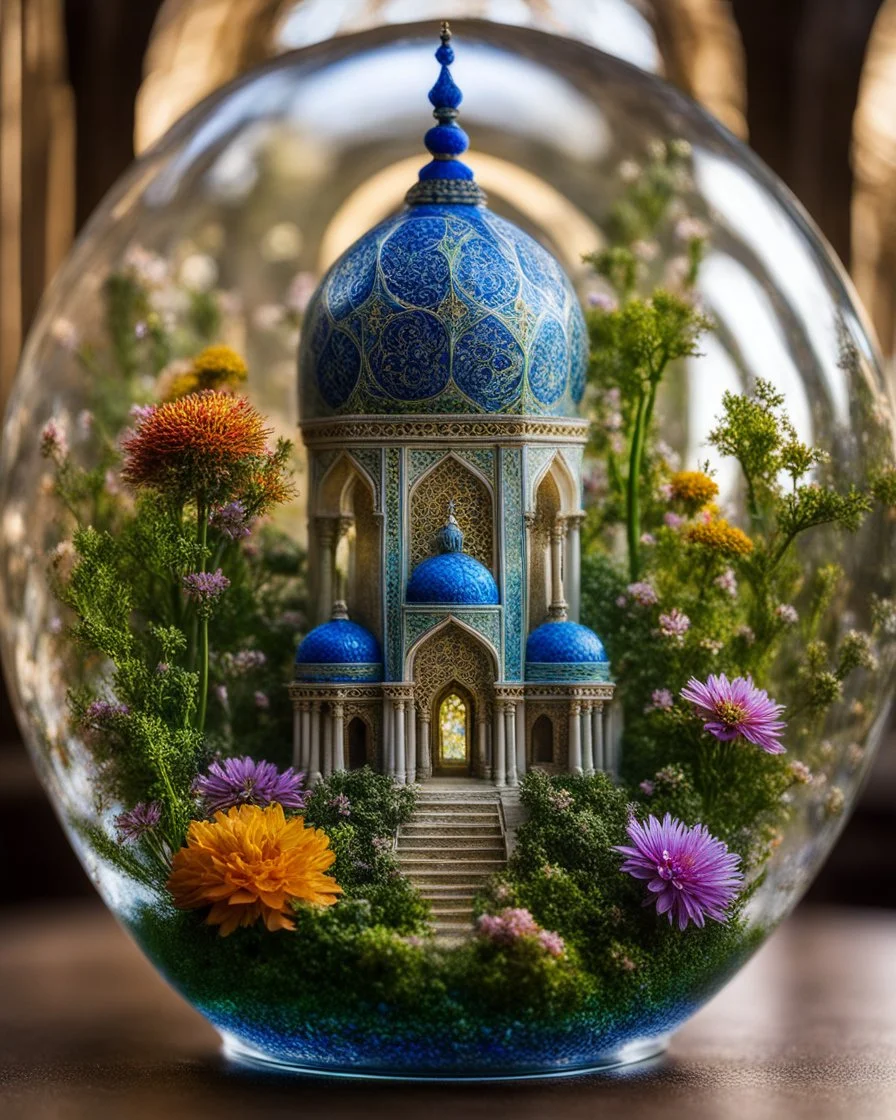 The miniatur islamic mosque in ball glass is an abstract concept that refers to a world made entirely of flowers or plants, often in a fantasy or mythical setting. The flower planet in this image appears to be a baroque world, with ornate spiral patterns and intricate designs.