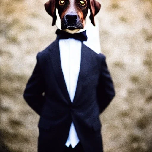 Dog in a suit, analog photography, professional lightning, Anderson