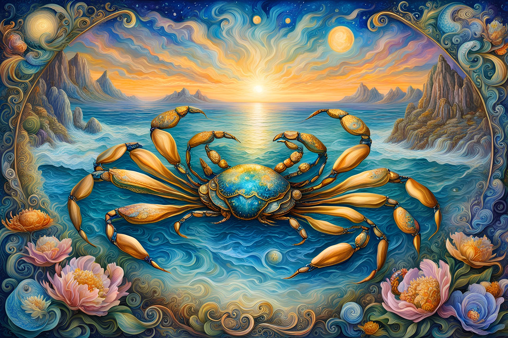 In the style of Josephine Wall, Wide view, Cancer, the crab, the sign of the zodiac, detailed, elegant, complex, award winning masterpiece,