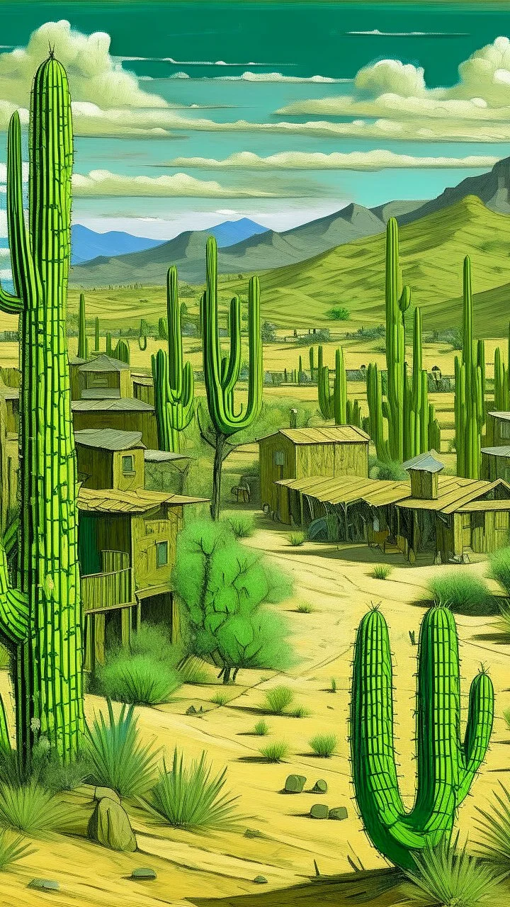 An olive green Western town with cactuses painted by Vincent van Gogh