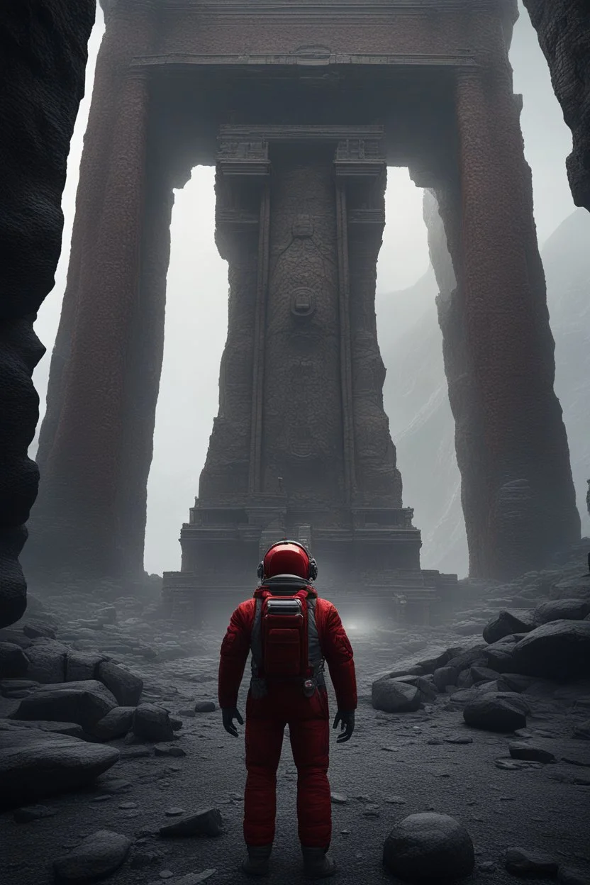 Mysterious huge ancient Rocky pillar with scifi gate attached with a astronaut (red suit) standing near the gate, destroyed, foggy condition wide-angle, cinematic lighting, perfect golden ratio composition detailed ground environment, haze, ultra-detailed, film photography, light leaks, Larry Bud Melman, trending on artstation, sharp focus, studio photo, intricate details, highly detailed, by greg rutkowski