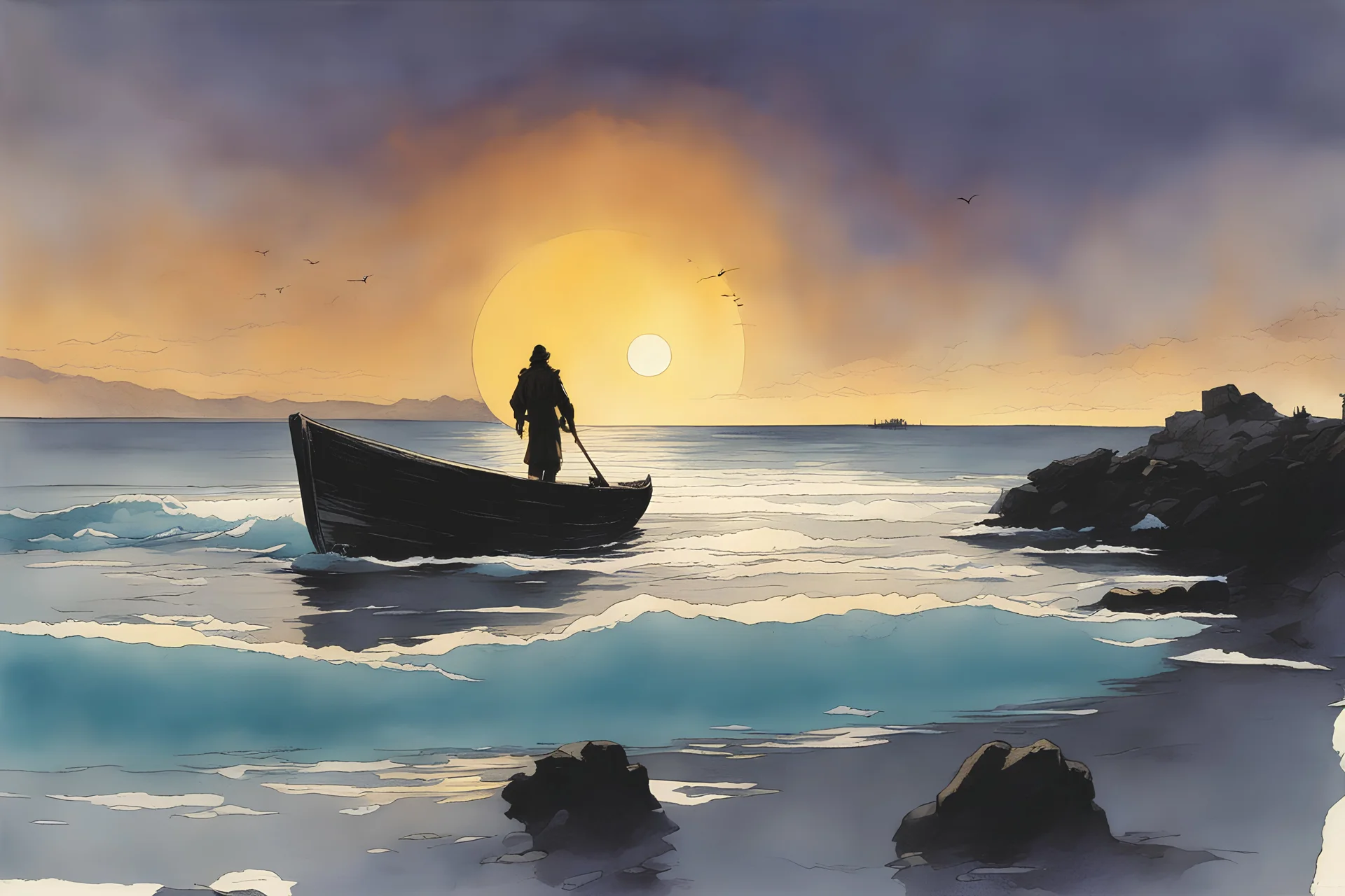 eternity's shore. Where the sky and water meet, Where the waves grow sweet, A soft-focus image of the golden sunset casting a warm glow, create in inkwash and watercolor, in the comic book art style of Mike Mignola, Bill Sienkiewicz and Jean Giraud Moebius, highly detailed