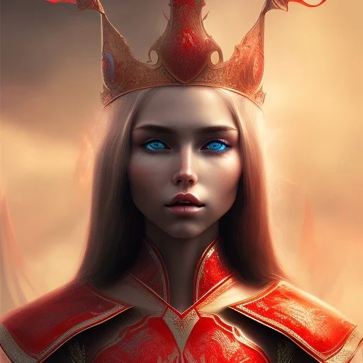  mighty queen elf, red armour, realistic, HD4k, watery cloud background, deep red eyes, close up shot