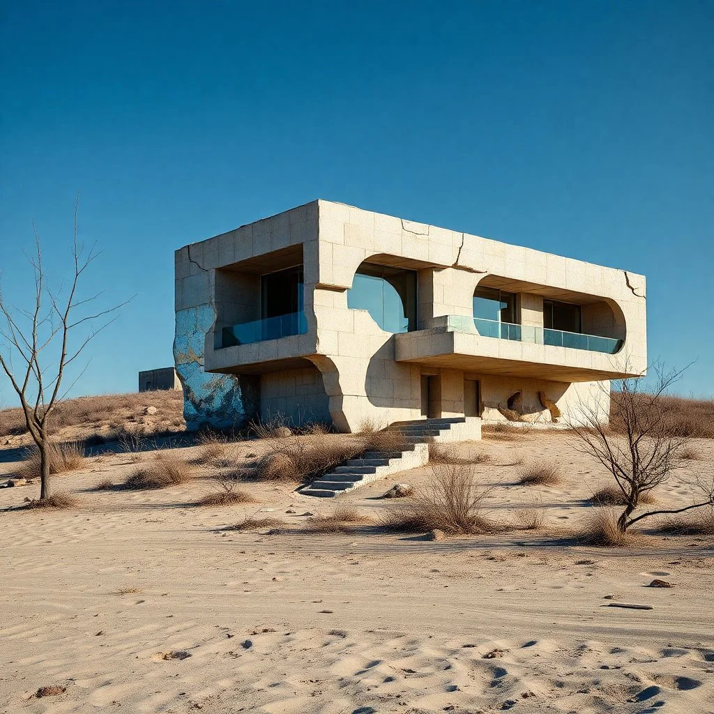 Fotografia sublime di una villa moderna brutalista con alluminio riflettente. La struttura è erosa e inglobata dal paesaggio naturale, come se il tempo o l'ambiente avessero iniziato a "riassorbirla". L'atmosfera è desolata e surreale, con un ambiente circostante spoglio e sabbioso hasselblad h6d400c