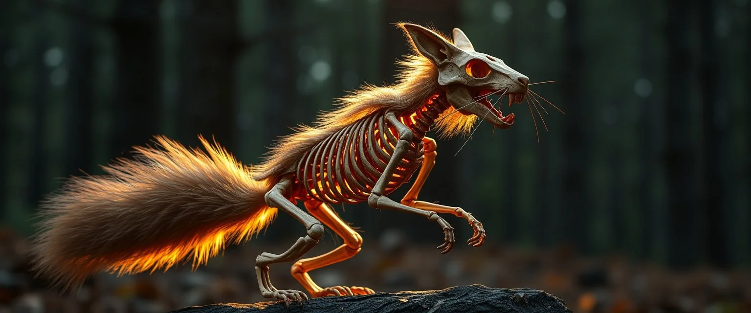 radiant elongated cowboy wooden werewolf squirrel Skeleton with fluffy fur, motion blur background dark forest