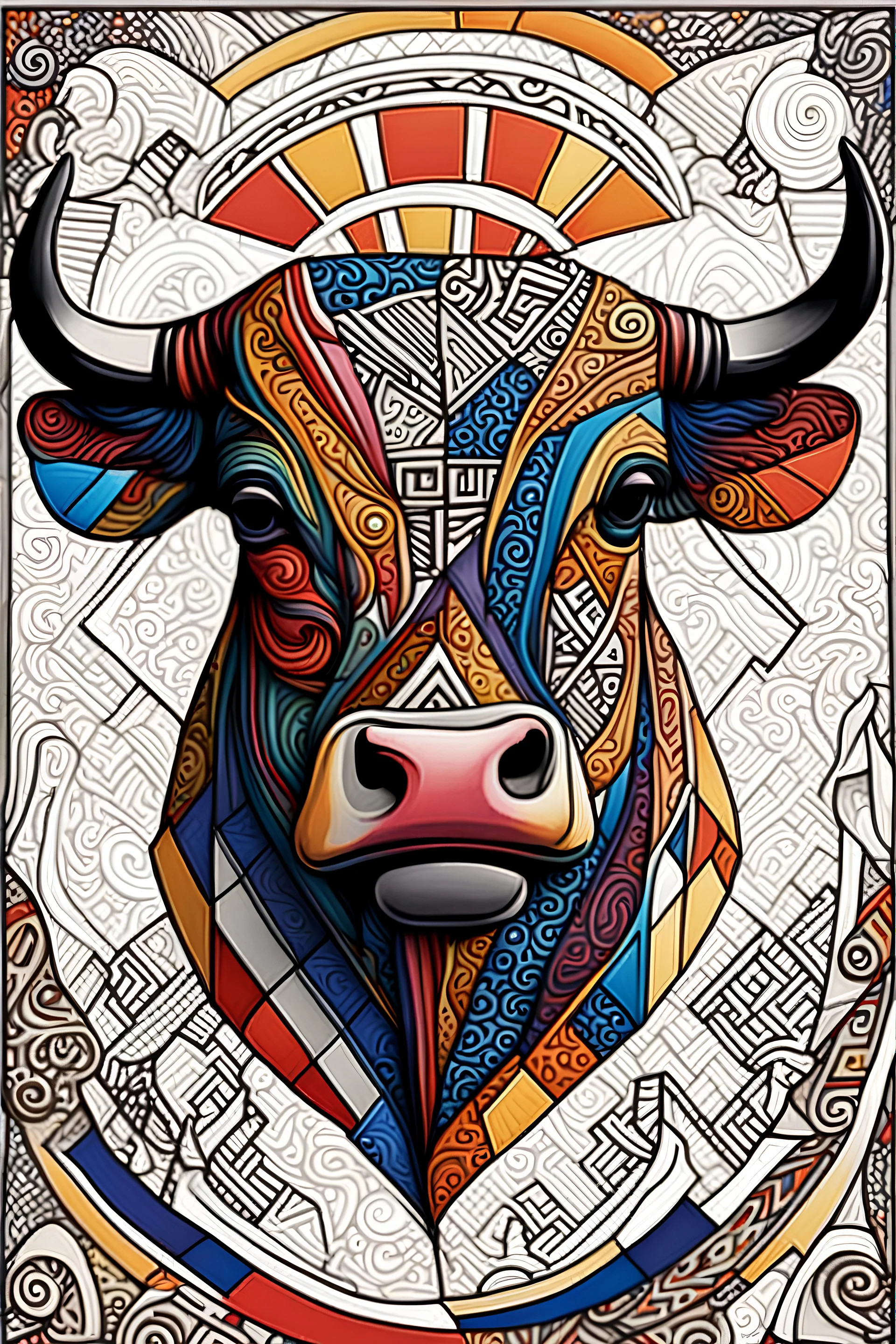 Trompe-l'œil + De Stijl Zentangle Bull, Colorful