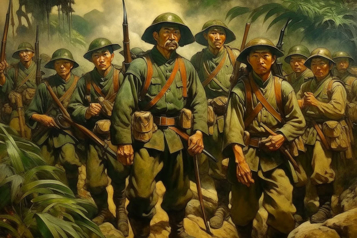 Japanese 1920 oil painting Fedra and the CRM but as Vietnam soldiers.