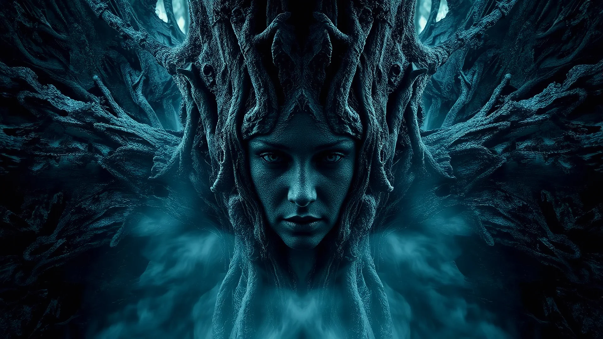 Photorealistic gorgeous point-symmetrical shot of dark bark texture with many ancient female elven goddess faces shaped in the bark. Mist rising from the lower part and across the width of the image. forgotten realms fantasy style by lee jeffries, otherworldly, in the style of fantasy movies, shot on Hasselblad h6d-400c, zeiss prime lens, bokeh like f/0.8, tilt-shift lens, 8k, high detail, smooth render, unreal engine 5, cinema 4d, HDR, dust effect, vivid colors