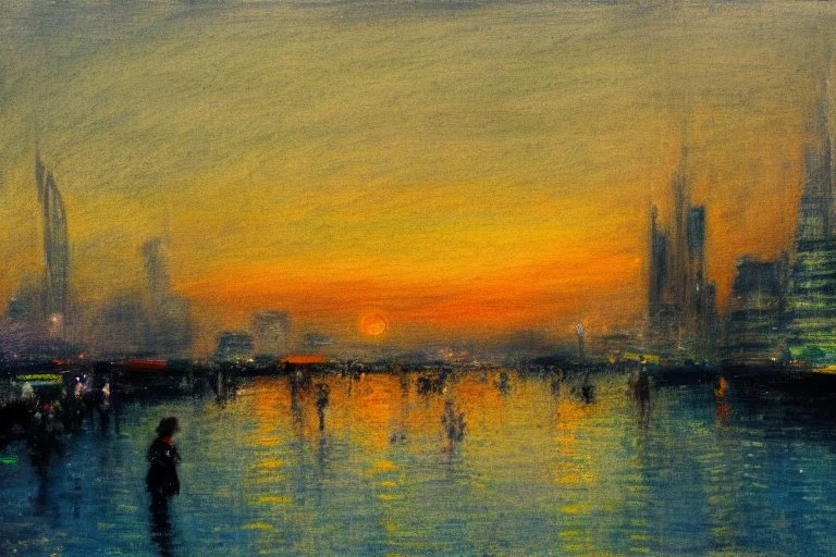 Futuristic city, people, sunset, philip wilson steer and lesser ury influences, realistic painting