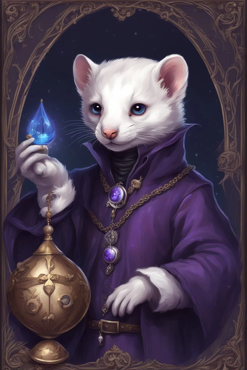 (anthropomorphic white ferret),dressed in ((cleric fantasy)) black and purple clothes with silver holy ornaments, realistic anatomy, fantasy tavern on background, mage and holy symbols around, serious face, hold holy symbol, tired face, in the style of LOISH, look at the vivewer, blue eyes, cute face