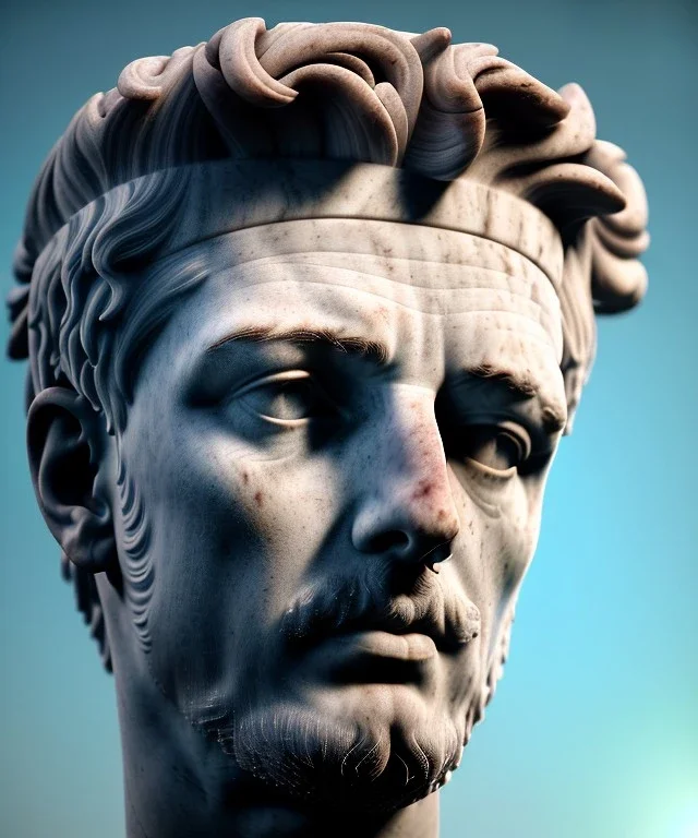 Ultra Realistic image, roman sculpture, marble deluxe material, Angel di maría soccer player, Greece Laurel crown, miguel angel style, chisel style, emperador, waist up portrait, cinematic lighting, God light, god rays, 4k resolution, smooth details, ornate details, soft lighting, unreal engine 5, sky background.