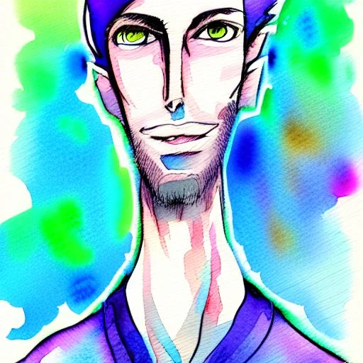 Male cypebpunk character connected to AI exploring other AI - Watercolour and Watercolour Painted Style - Jenny Rainey Style